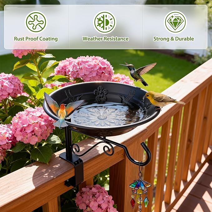 Balcony Bird Feeder, BOLITE Hanging Bird Bath Outdoors Deck Mounted with Garden Decorative Hook for Hanging Planters, Lanterns, Wind Chimes, Gifts for Women Men
