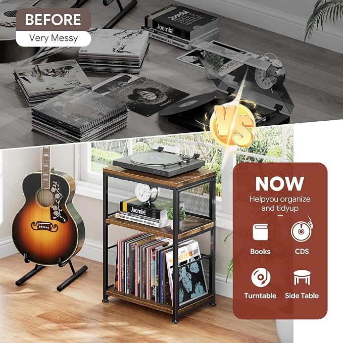 Simple Trending Record Player Stand, Turntable Stand with Vinyl Storage Holds Up to 200 Albums, Large Record Player Table with Adjustable Divider, Rustic Brown