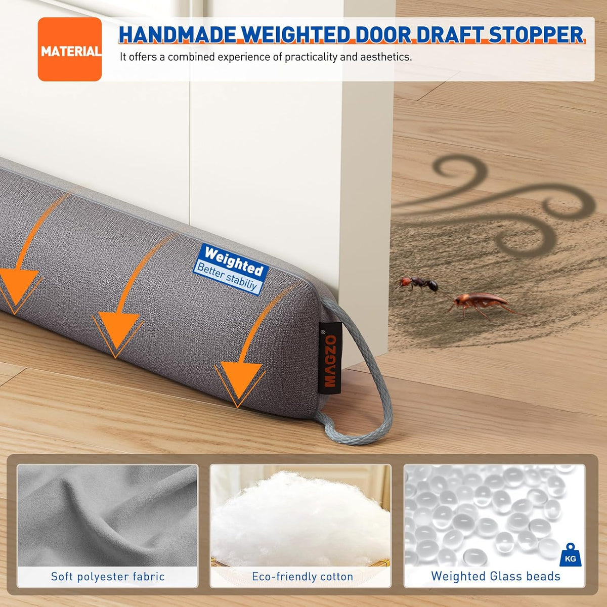 MAGZO Door Draft Stopper, 36 Inch x 2pcs Under Door Draft Blocker Noise Stopper, Weighted Wind Blocker Draft Guard for Bottom of Door, Gray