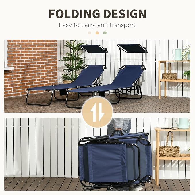 Outsunny Folding Chaise Lounge Pool Lounge Chairs Set of 2, Outdoor Sun Tanning Chairs with Canopy Shade, Reclining Back, Steel Frame and Side Pocket for Beach, Yard, Patio, Dark Blue