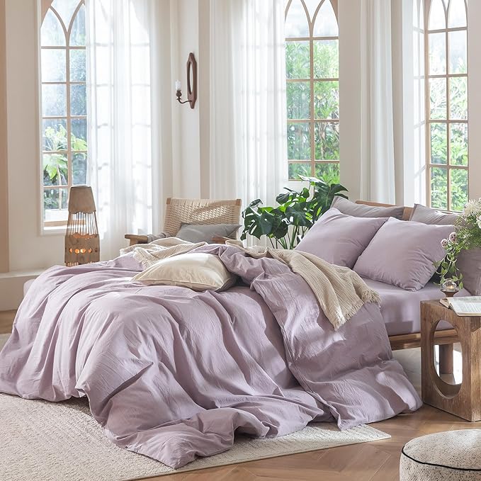 MooMee Bedding Duvet Cover Set 100% Washed Cotton Linen Like Textured Breathable Durable Soft Comfy (Heathered Light Purple, Cal King 104"x98")