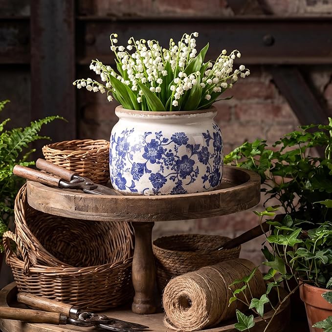 7.7" Large Vintage Ceramic Plant Pot Blue White Farmhouse Rose Crackle Glaze Rustic Flowers Planter Pot with Drainage for Indoor Outdoor Plants Kitchen Office Shelf Home Decor Gift