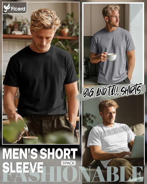 Ficerd Men's Big & Tall Cotton Crew Neck T-Shirts - 5 Pack Oversized Short Sleeve Tees