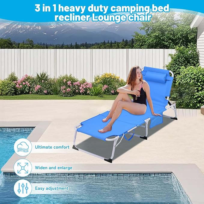 Outdoor Chaise Lounge with Detachable Pillow, Reclining Folding Chair with 5-Position Adjustable Back, Portable Tanning Chair For Beach, Pool, Lawn, Breathable Mesh Seat, No Assembly (Blue 4)