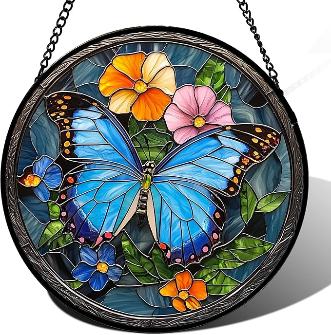 Stained Glass Window Hanging, Blue Butterfly Flower Suncatcher for Doors Home Sun Catchers Decoration and Christmas, Mother's Day Birthday Gifts for Women, Men, and Mom 7.8 in