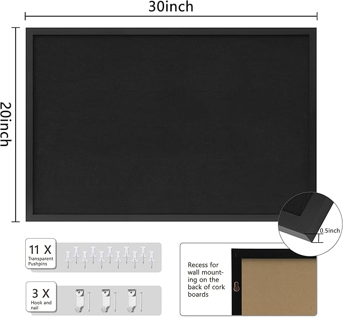 DAHAPYBOO Cork Board with Linen Black, Bulletin Board 30"x20", Corkboards