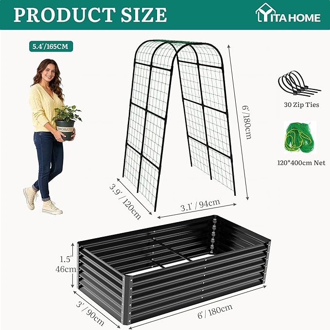 YITAHOME 2pcs 6x3x1.5ft Galvanized Raised Garden Bed with Tall Arch Trellis, Galvanized Planter Box with Trellis, Vertical Netting, Gloves, Outdoor Flower Bed for Climbing Plants, Vegetables, Black