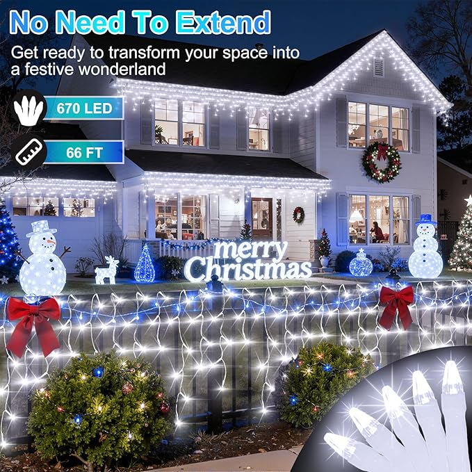 670 LED 66FT Christmas Lights with 148 Drops, 12 Modes Dimmable Cool White Outdoor Hanging Lights with Timer Memory, Waterproof Curtain Lights for Home Bedroom Indoor Tree Window Roof Fence Wedding