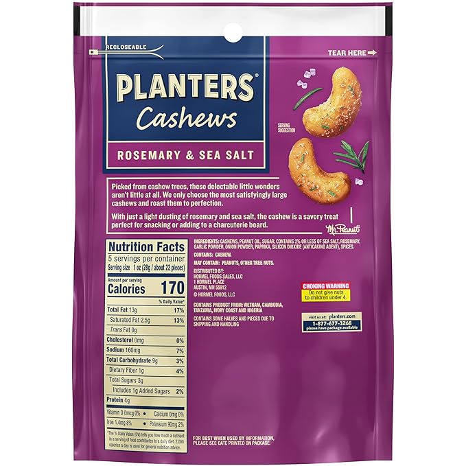 PLANTERS Cashews Rosemary & Sea Salt, Party Snacks, 5 Oz Bag (Pack of 2)