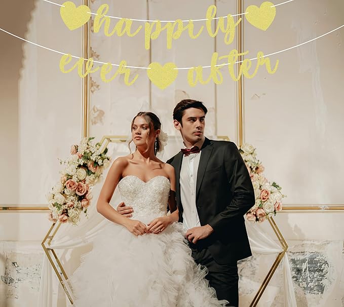 Pre-Strung Happily Ever After Banner - Gold Glitter Bachelorette Bridal Engagement Party Decoration Supplies, Bachelorette Wedding Party Banner for Engagement, Bridal Shower, Wedding Party Photo Booth Props