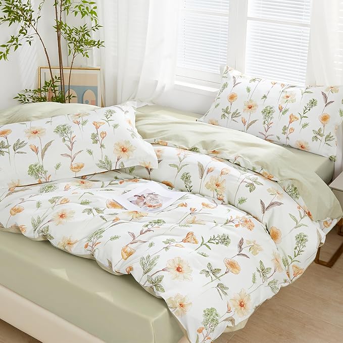 SAPHREAS Floral Duvet Cover Set Full Size 3pcs Yellow Flower Green Botanical Bedding Comforter Cover Set 100% Cotton 1 Duvet Cover 90"x80" 2 Pillow Shams, Comforter Not Included