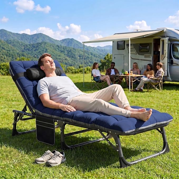 ABORON 3-in-1 Folding Patio Lounge Chair, 440LB Heavy-Duty Tri-Fold Guest Bed with Plush Cotton Cushion, No Assembly Adjustable Recliner for Office Nap, Patio Sunbathing, Poolside & Camping