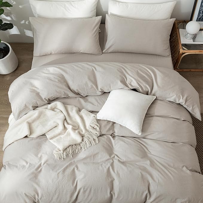 MooMee Bedding Duvet Cover Set 100% Washed Cotton Linen Like Textured Breathable Durable Soft Comfy (Heathered Cream Grey, Queen 90"x90")