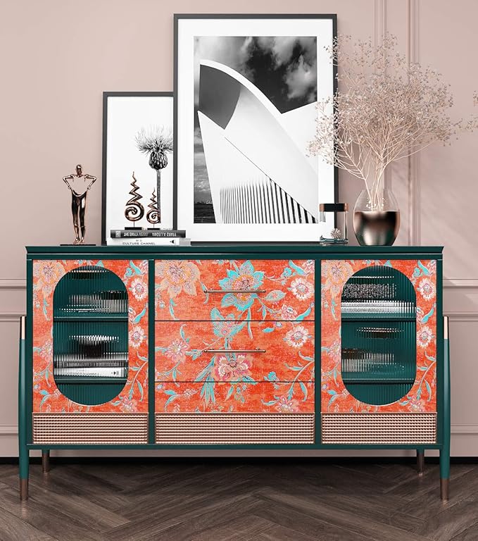 FunStick 17.5"x118" Vintage Floral Peel and Stick Wallpaper Orange Red Wall