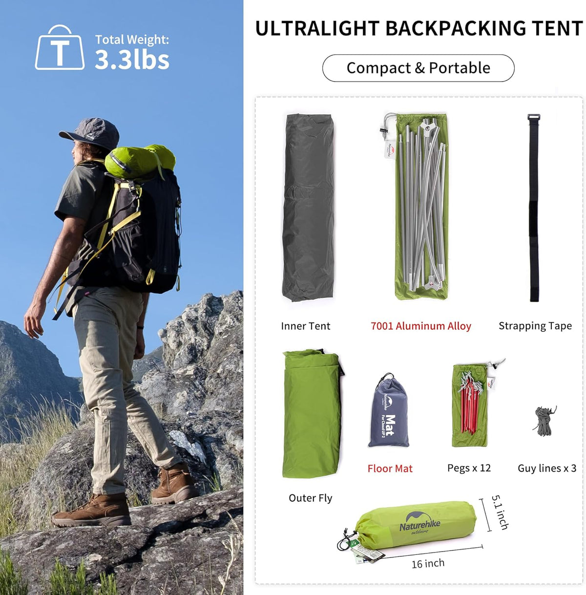 Naturehike Cloud-Up 1 Person Tent, Lightweight Backpacking Tents for One Man, Waterproof Ultralight One Person Tent for Camping Hiking Backpacking