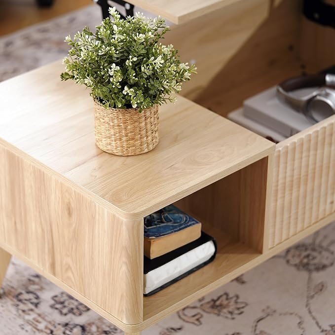 LYNCOHOME Fluted Lift Top Coffee Table with Hidden Compartment, Modern Center Table for Living Room, Home Office, Natural