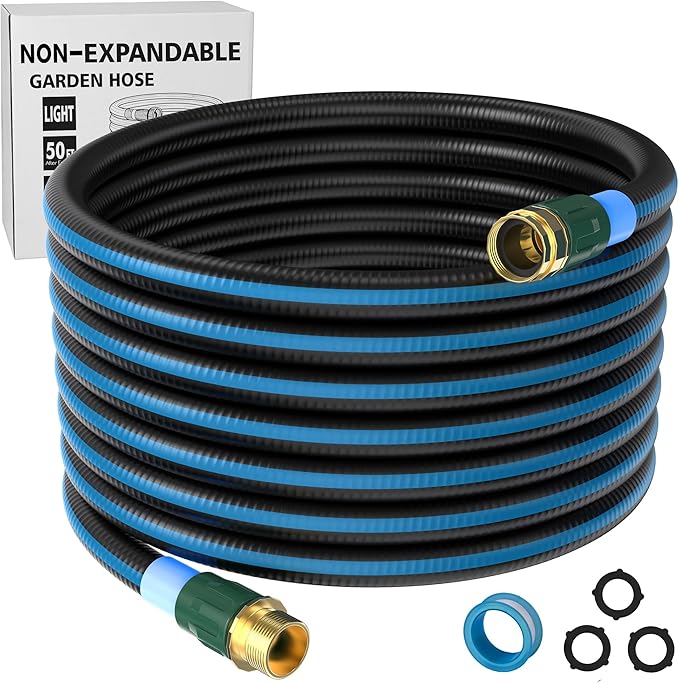 Non-expanding Garden Hose, Leak-Proof Multi-Layer Outdoor Not Knotted Water Hose with Solid Brass Connectors Fittings for Lawn Car Watering Plants Cleaning, Black-Blue (Black-Blue, 50FT)