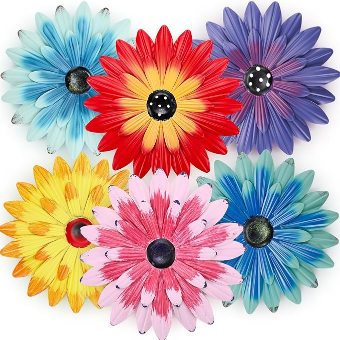 Zhehao 6 Pcs Metal Flower Wall Art Decor 10 Inch Sunflower Wall Decorations Hanging Outdoor Art Multicolored Handmade Metal Flowers Outdoor Decor(Cute Color)