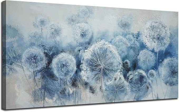 Arjun Flower Wall Art Indigo Blue Dandelion Floral Canvas Painting Watercolor White Textured Modern Artwork Framed for Living Room Bedroom Dinning Room Home Office Wall Decor, Extra Large Size 58"x29"