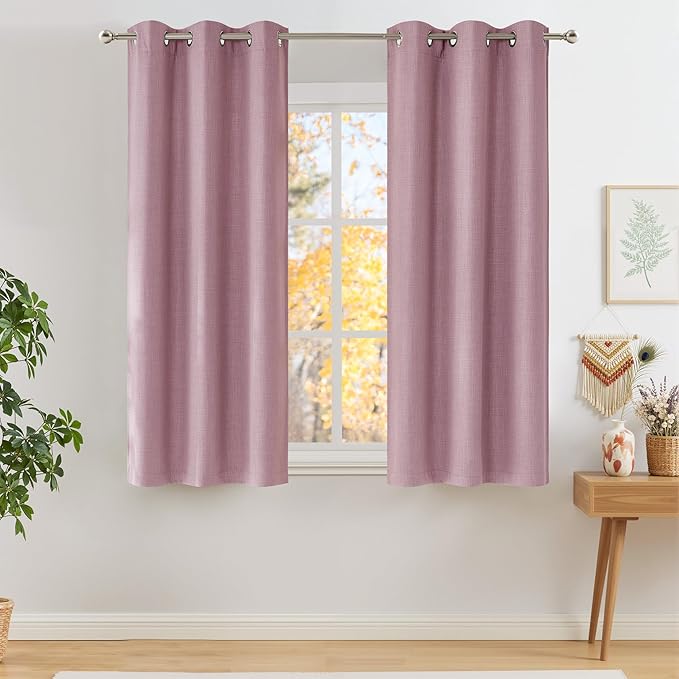 NICETOWN Short Faux Linen Pink Blackout Curtains 63 inches Long
