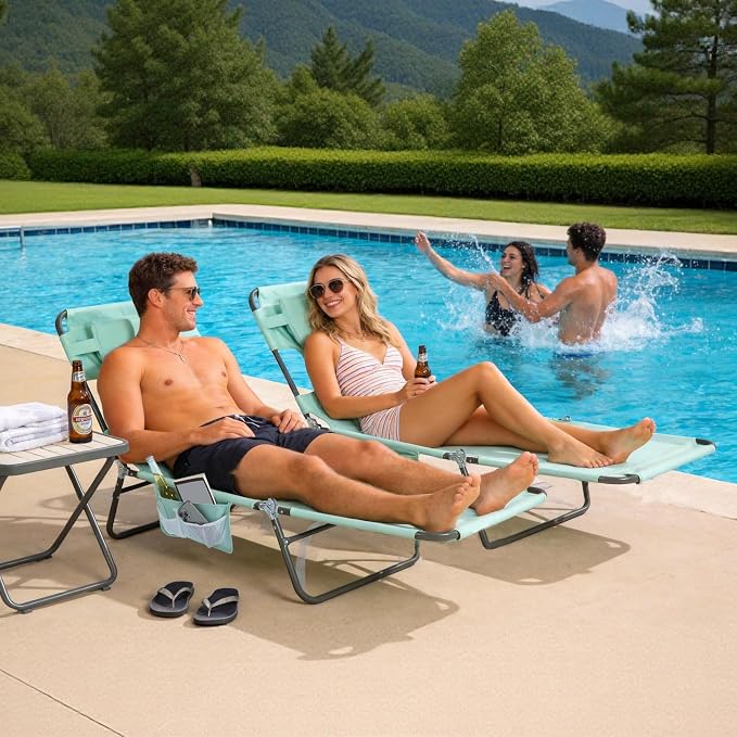 SUNNYFEEL Lay Flat Tanning Chair 2 Pack with Face Down Hole & Arm Slots, Beach Lounge Chair, 5-Position Folding Sunbathing Chair, 300 LBS Heavy Duty, 72" L x 22" W for Beach, Pool, Camping