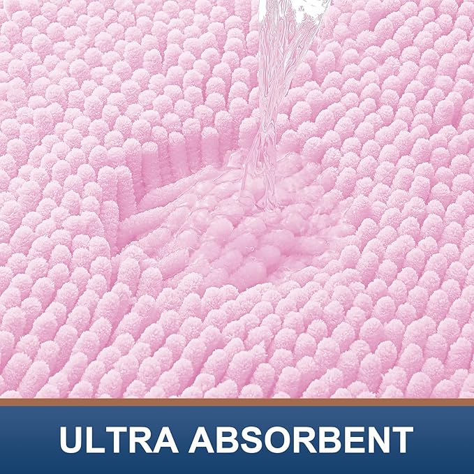Smiry Luxury Chenille Bathroom Rugs 59x35, Extra Soft and Absorbent Shaggy Bath Mat, Machine Washable, Non-Slip Plush Carpet Runner for Tub, Shower, and Floor, Home Decor Accessories, Pink