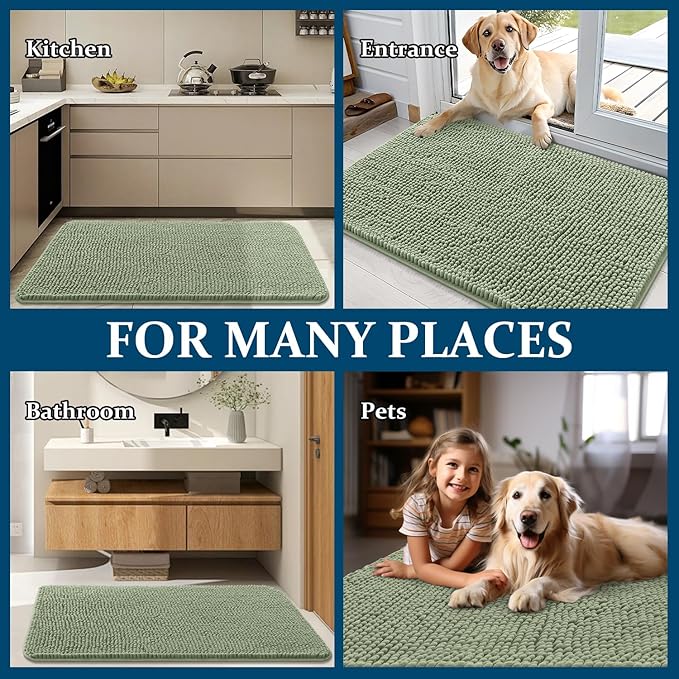 OLANLY Dog Door Mat for Muddy Paws 59x20, Absorbs Moisture and Dirt, Absorbent Non-Slip Washable Doormat, Quick Dry Chenille Mud Mat for Dogs, Entry Indoor Entryway Carpet for Inside Floor, Sage Green