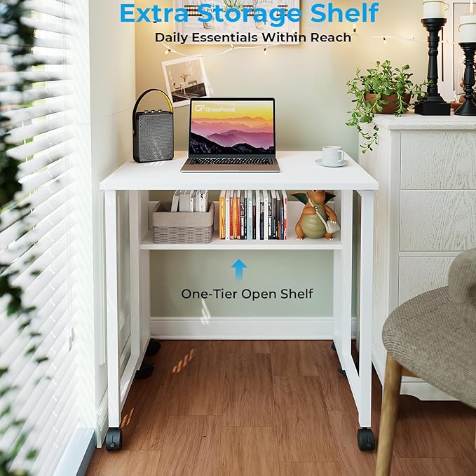 GreenForest Folding Desk with Wheels and Storage Shelf, 24.8 Inch Compact Portable Rolling Desk for Small Spaces, Mobile Foldable Computer Table, Easy Assembly, Pure White