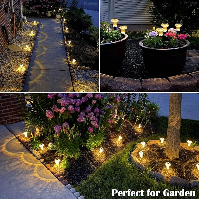 Priddop Solar Lights Outdoor Pathway Waterproof 8 Pack Warm White LED Acrylic Mushroom Decorative Garden Lights for Yard Landscape Patio Outside Decor