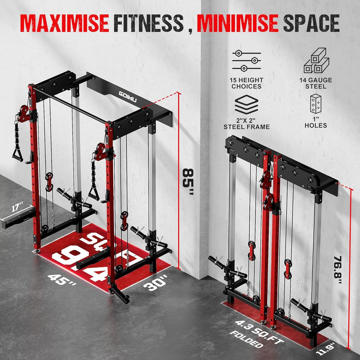 WM3-V4 Folding Squat Rack - Wall Mounted Power Rack with Dual Pulley System & 5 Adjustable Modes