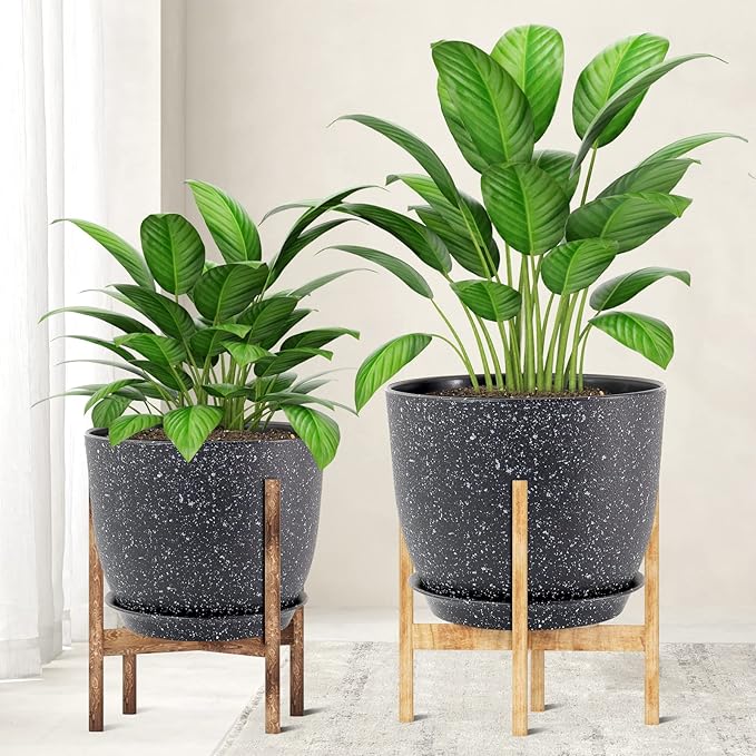 12/10/9 Large Modern Plant Pots, Plastic Planters with Drainage Holes and Saucers for Indoor Outdoor Plants Flowers, Black Speckles