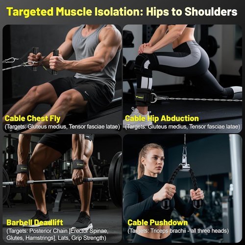 Cable Attachments for Gym, LAT Pulldown & Cable Machine Attachment Set: V-Shaped Bar, Rotating Straight Bar, V Rotation Handle, Nylon Tricep Rope, Ankle Straps & Handles, Home Gym