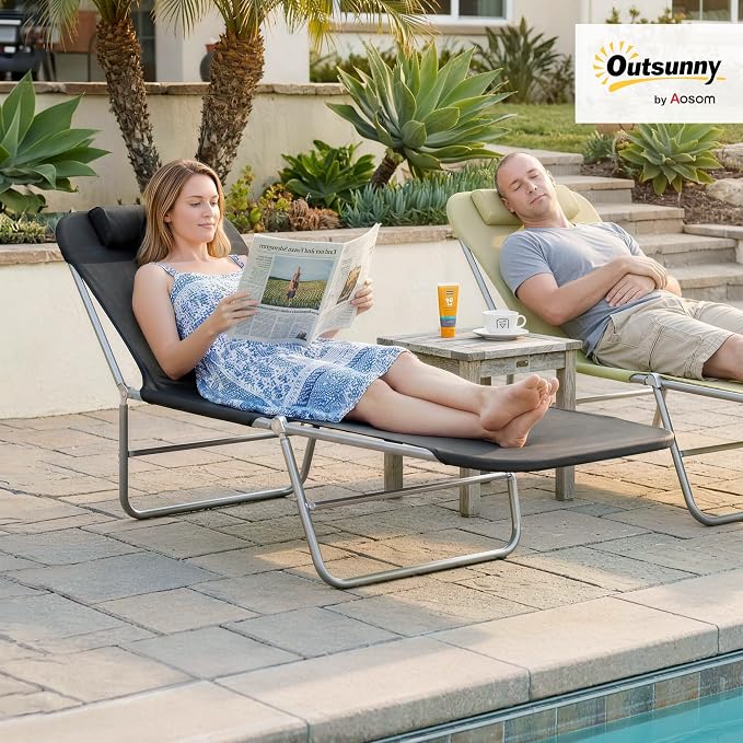 Outsunny Folding Chaise Lounge Outdoor Sun Tanning Chair w/Pillow, Black | Sun Tanning Chair for Outside, Breathable Mesh Seat, Headrest, Pool, Beach, Yard, Patio