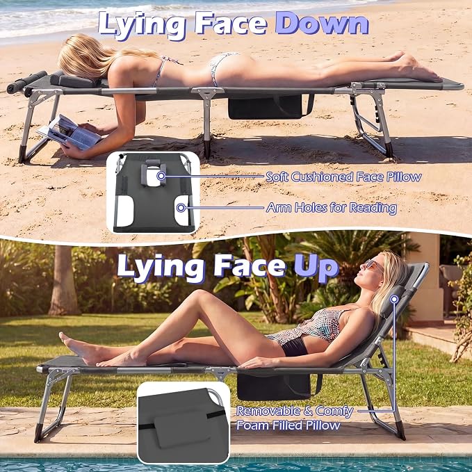 GYMAX Tanning Chair, 330LBS Beach Lounge with Face Arm Hole & Hand Shoulder Strap, Folding Layout Sunbathing Chair, Face Down Outdoor Chaise Lounger for Patio, Poolside, Lawn, Backyard (1, Grey)