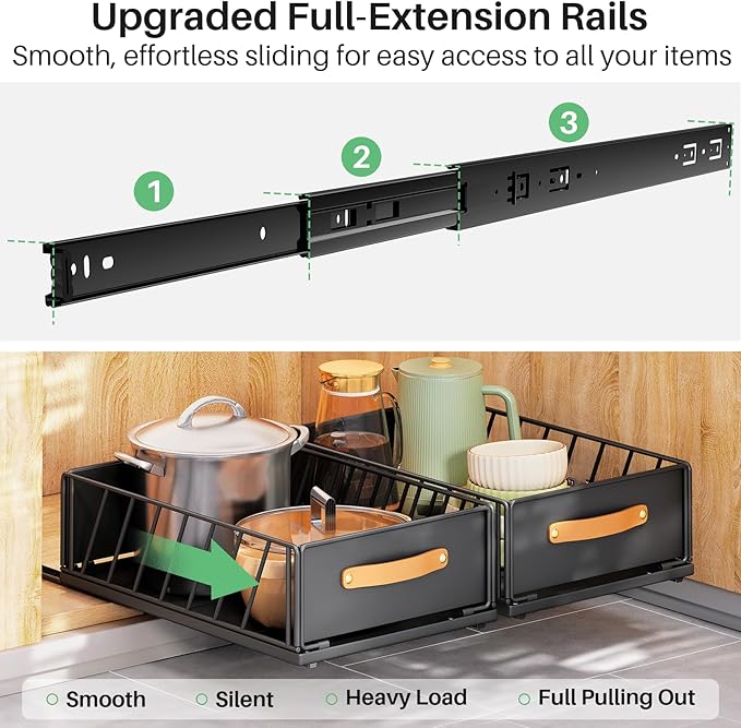 Pull out Cabinet Organizer Fixed with Adhesive Nano Film,Heavy Duty Slide out Pantry Shelves Drawer Storage,Sliding Mesh Cabinet Basket with Handle for Kitchen, Bathroom,Home, 13.8"W X 21"D X6.2"H