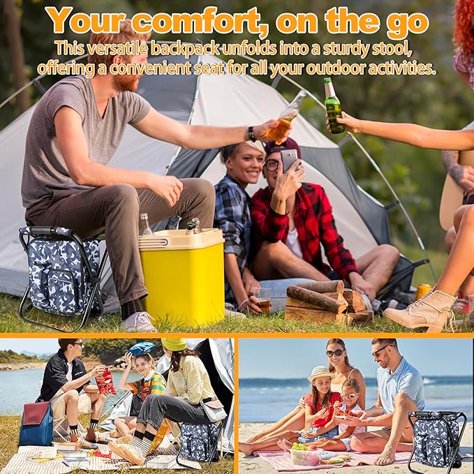 Kikerike Backpack Stool Cooler Chair Heavy Duty 300 LBS Max Load Portable Lightweight Stool Backpack Folding Fishing Cooler Seat for Camping Hunting Fishing - Arctic Camo
