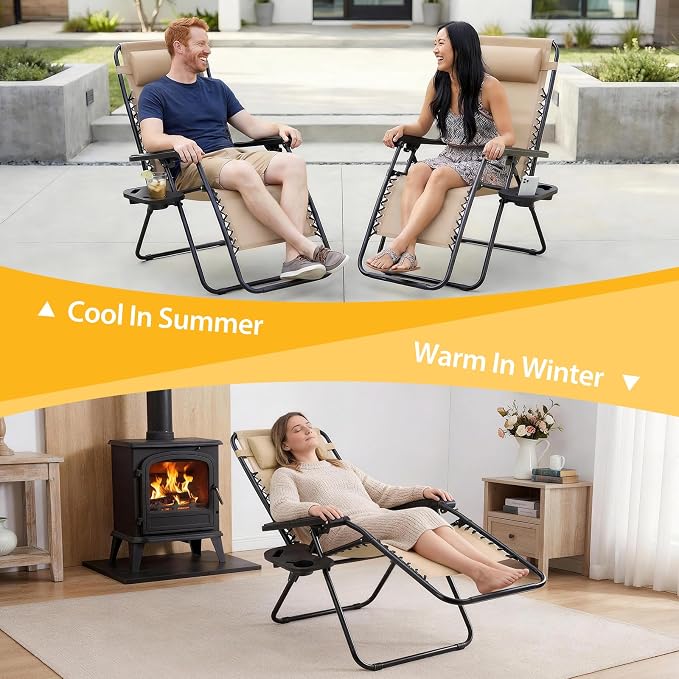 NEWBULIG Zero Gravity Chairs Set of 2, Lounge Chair Folding Portable Adjustable Camping Recliner with Adjustable Pollow, Mesh Back, Cup Holder Trays Lawn Patio Chair for Pool Beach