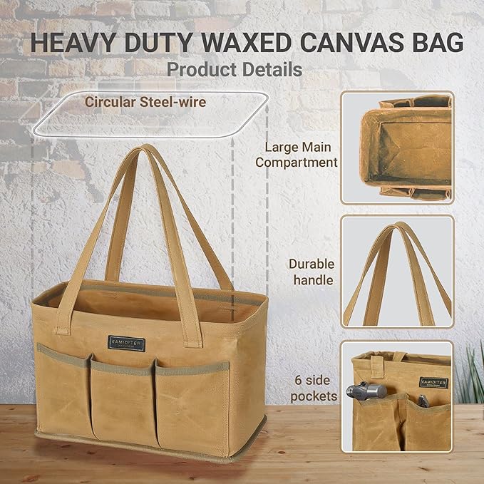 Durable 16OZ Waxed Canvas Tool Bag with Metal Frame, 13.5 Inch Large Collapsible Storage Tool Tote(Khaki | 13.5 X 7.8 X 7.8in)