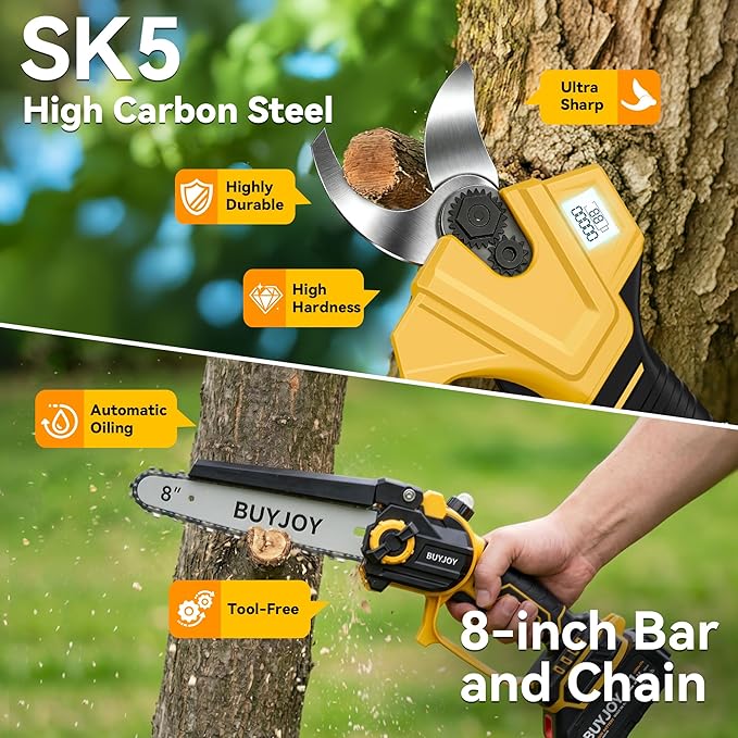 BUYJOY 4-in-1 Electric Pruning Shears & 8 Inch Pole Saw Combo, 1.8" Cutting Diameter Cordless Pruner, 2×4.0Ah Batteries, Adjustable Branch Cutter for Tree Trimming and Garden Pruning