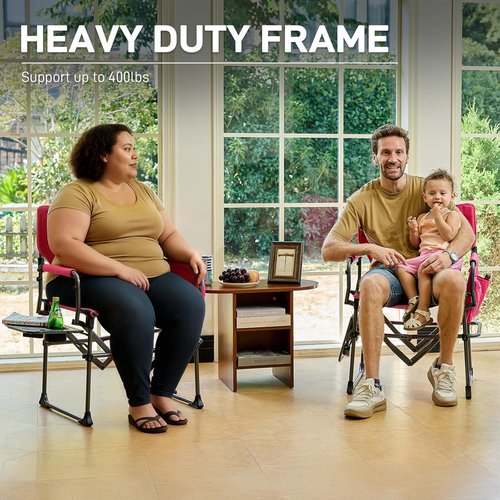 Ever Advanced Camping Chair - Portable Folding Directors' Chair with Side Table & Pocket | Heavy Duty, 400lbs, Pink