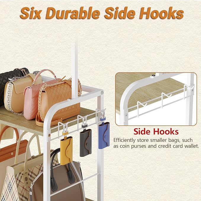Tall Purse Organizer Stand with 3-Tier Thick Wood + 1-Tier High-Density Mesh, Adjustable Interchangeable, Slim Narrow Freestanding Handbag Rack with 5 Large & 6 Side Hooks, Closet Bag Storage White