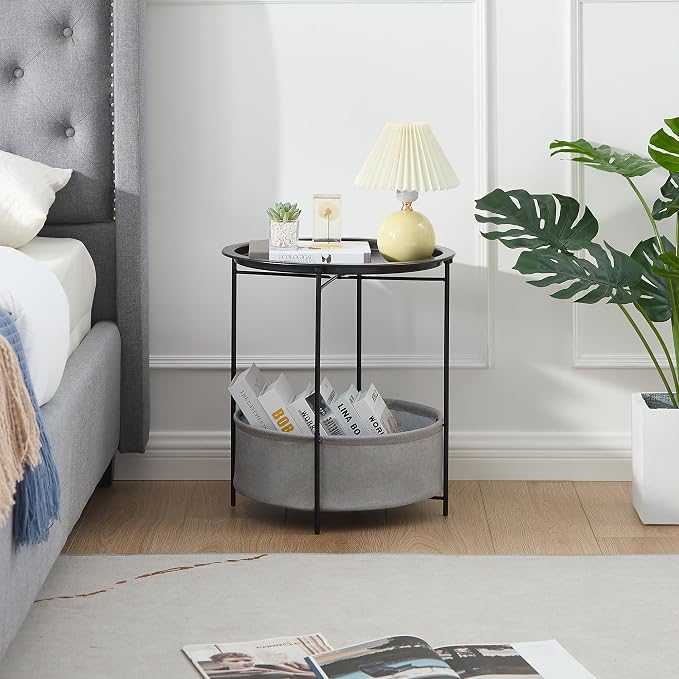 VECELO Round Side/End Table with Fabric Storage Basket，Metal Anti-Rust and Waterproof Small Bedside Nightstand with Removable Tray Top for Living Room，Balcony & Laundry，Black /2pcs with Basket