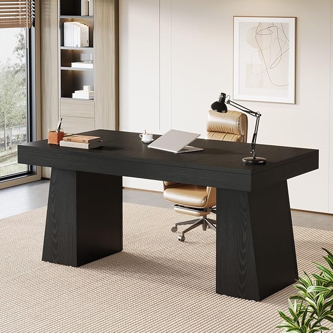 Tribesigns 55-Inch Executive Desk, Thick Wood Office Computer Desk with Double Pedestal, Modern Minimalist Workstations Writing Table Conference Table Furniture for Home Office, Black