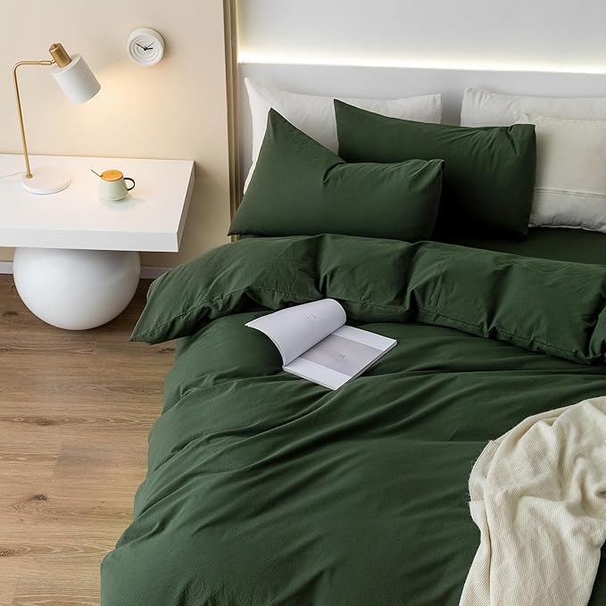 JIYUAN 100% Washed Cotton Duvet Cover Set 3 Pieces King, 1 Duvet Cover 104x90 Inches(Comforter Not Included) and 2 Pillowcases,Linen Feel Bedding Set Comfy and Breathable,Forest Green