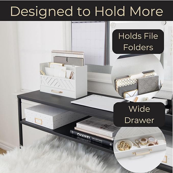 BLU MONACO | White Wooden Mail Organizer with Drawer & Gold Handle | Mail Sorter Organizer Countertop | Tabletop Organizer with Drawers & Outgoing Mail Holder