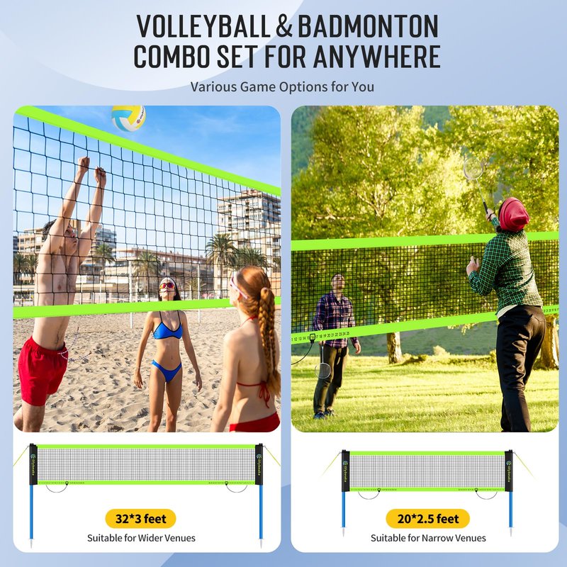 Olybeaka Outdoor Volleyball & Badminton Combo Net Set for Backyard, Beach with 2 Nets, Adjustable Poles, 4 Aluminum Rackets, PU Volleyball, Portable Carry Bag (Black)