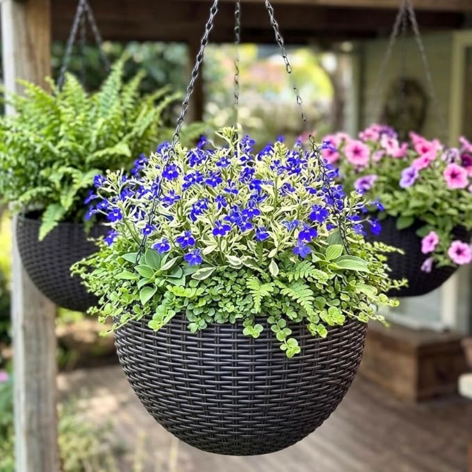 LaLaGreen Hanging Planters for Indoor Plants (11 Inch, 3 Pack) Self-Watering Round Rattan Style Hanging Flower Pots with Water Level Indicator, Black Metal Chain Baskets for Porch Garden Balcony Decor