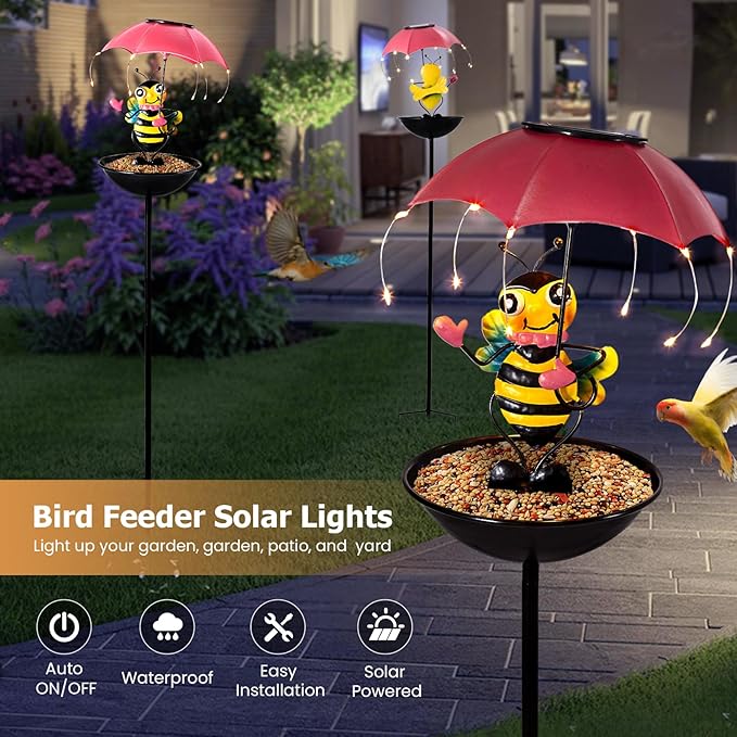 Solar Bird Feeder Garden Decor, Outdoor Bee Solar Lights with Umbrella, Hummingbird Feeder Decorative Path Lights Yard Art Ornament Bird Feeder (bee)
