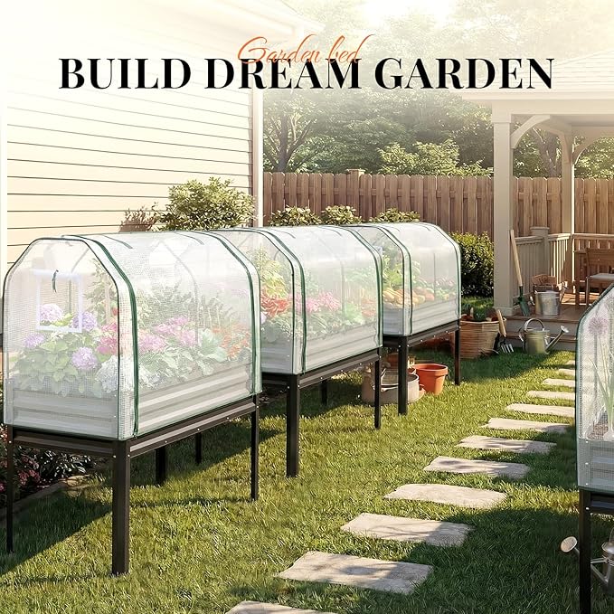 KING BIRD Large Raised Garden Bed with Cover Galvanized Elevated Planter Box with Legs 48×24×56 in for Backyard, Patio, Balcony, 700lb Capacity, Dark Grey