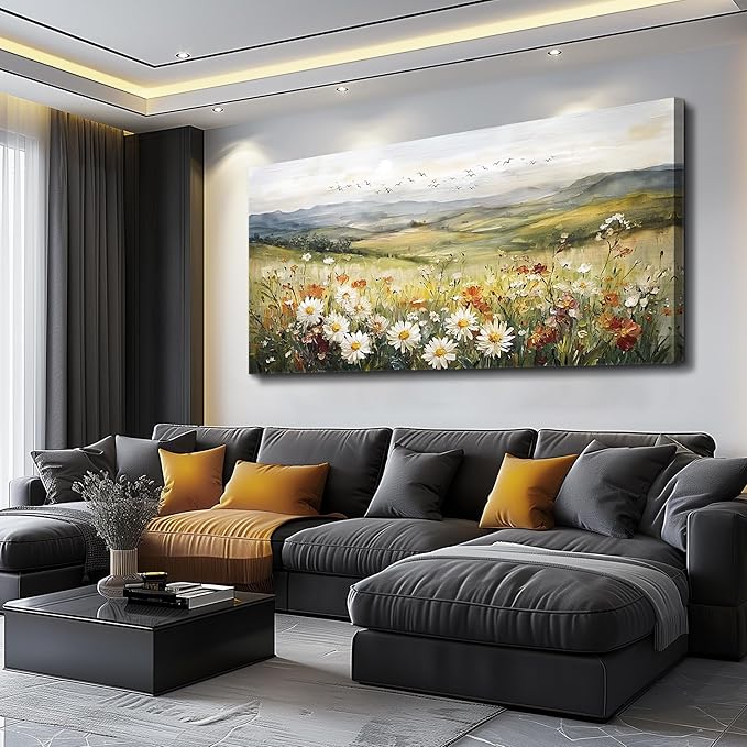 FUHAIHUA Large Framed Wall Decor For Living Room Canvas Wall Art For Office Farmhouse Wall Decorations For Bedroom Prairie Flowers Landscape Paintings Modern Pictures Artwork Home Decor 24" x 48"